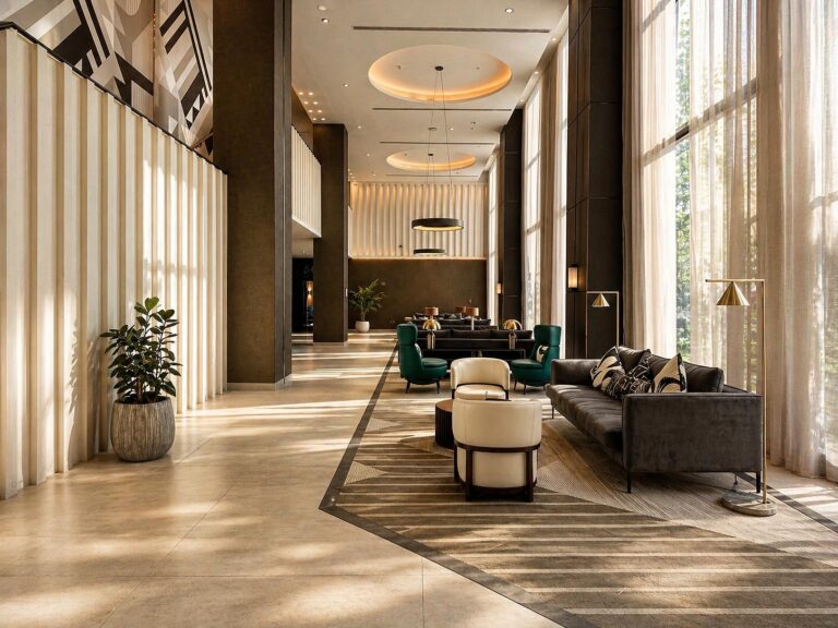 Grand lobby with double height windows sibley grove al khozama kaust hotel saudi arabia grand lobby interior design luxury hospitality