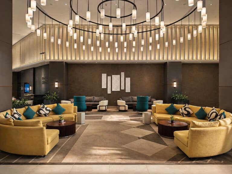 Sibley grove al khozama kaust hotel saudi arabia lobby lounge chandelier luxury hotel interior design