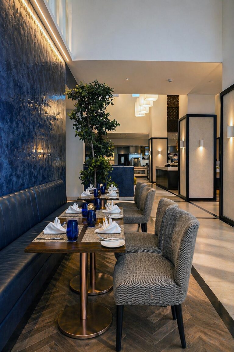 Sibley grove al khozama kaust hotel saudi arabia restaurant banquette dining blue feature wall luxury interior design