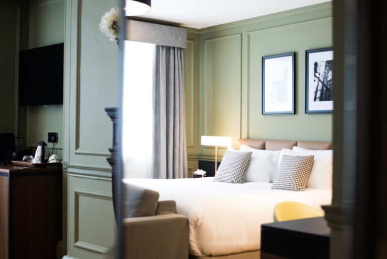 sustainably refurbished hotel bedroom