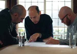 3 men sitting around a table