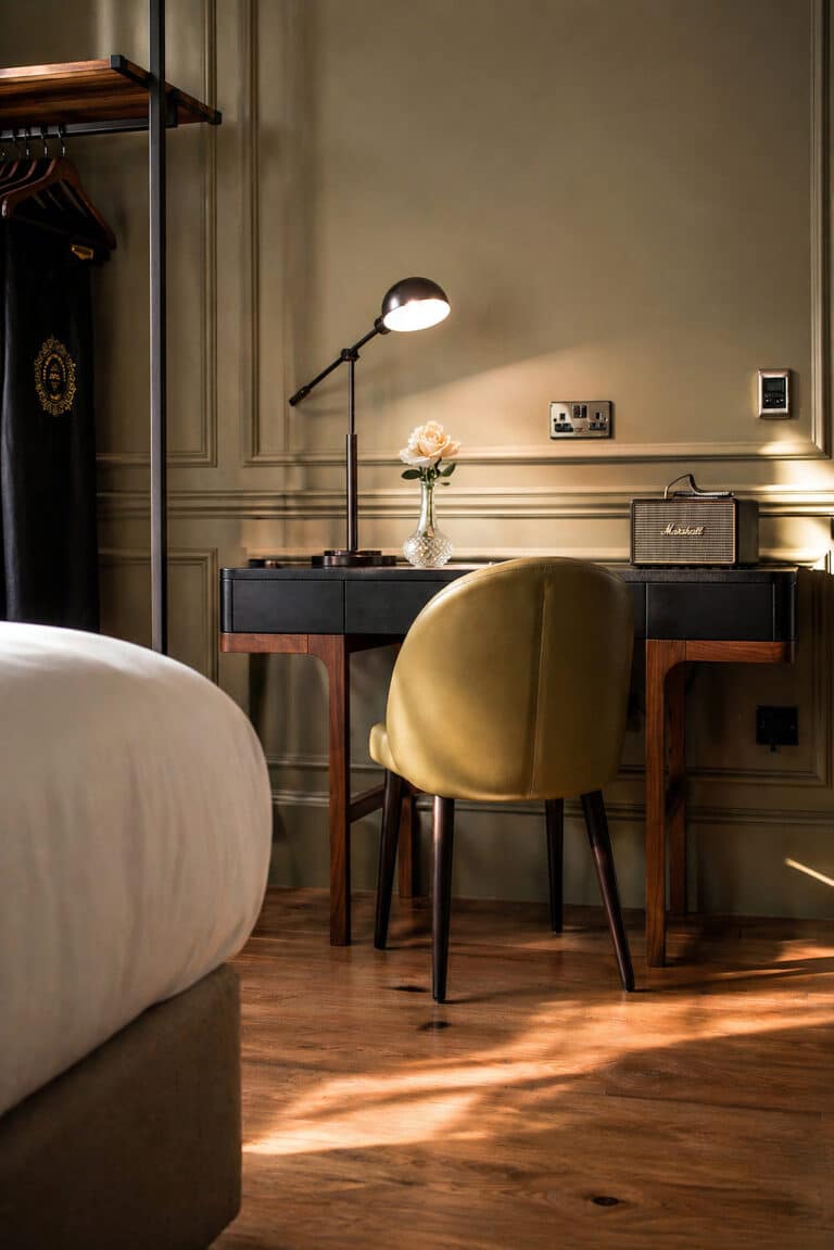 Sibley grove counting house hotel london boutique bedroom walnut desk detail sustainable joinery