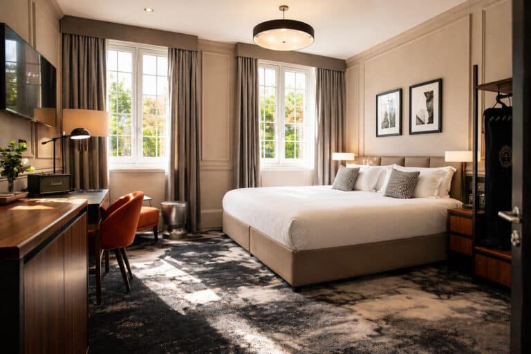 Sibley grove counting house hotel london boutique guest room walnut joinery design for disassembly