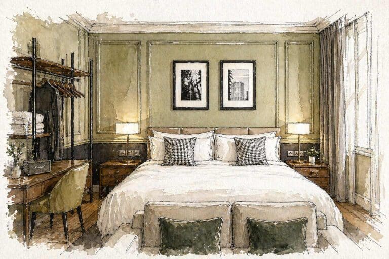 Sibley grove counting house hotel london guest bedroom interior design concept sketch