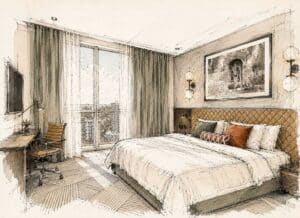 Sketch-style concept rendering of a repositioned mid-market hotel room, highlighting targeted upgrades such as improved lighting, refreshed furnishings, and retained architectural elements.