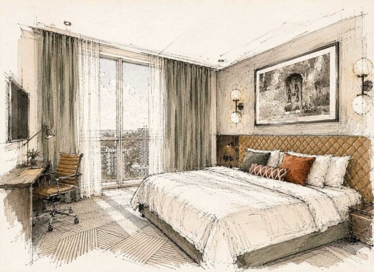 Sketch-style concept rendering of a repositioned mid-market hotel room, highlighting targeted upgrades such as improved lighting, refreshed furnishings, and retained architectural elements.