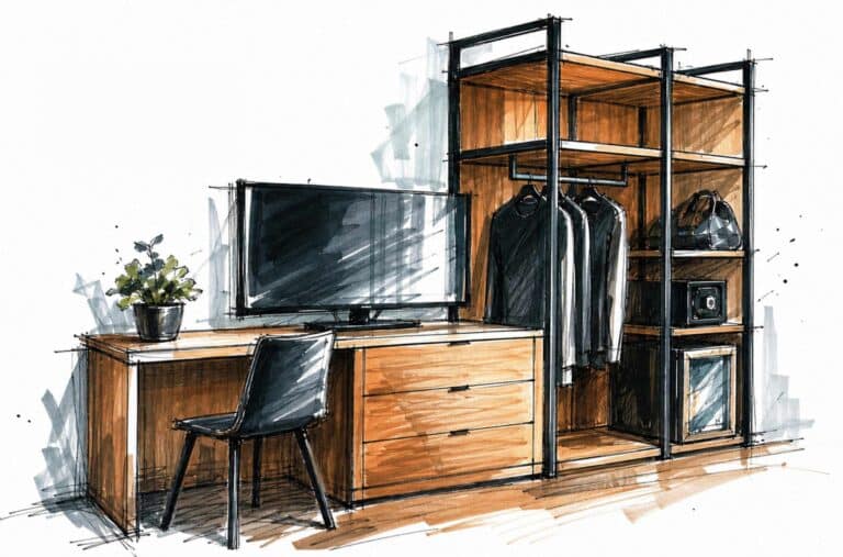 Concept sketch of a modular hotel bedroom unit combining wardrobe, desk and drawers, designed for disassembly with exposed bolted steel framing