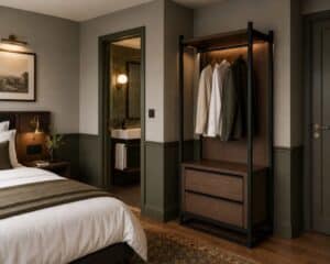 Hotel bedroom with dark timber and steel open wardrobe, green dado panelling, and integrated lighting, demonstrating typical guestroom joinery and fit out materials that contribute to embodied carbon.