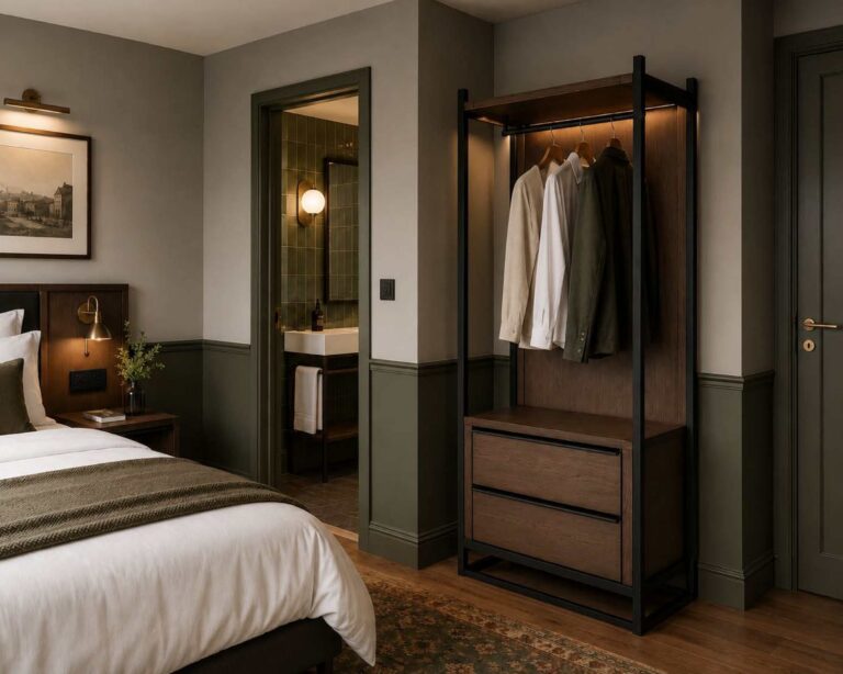 Hotel bedroom with dark timber and steel open wardrobe, green dado panelling, and integrated lighting, demonstrating typical guestroom joinery and fit out materials that contribute to embodied carbon.