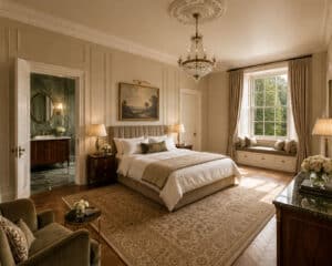 Luxury hotel guest room with king size bed, window seat overlooking woodland, and green marble en suite bathroom