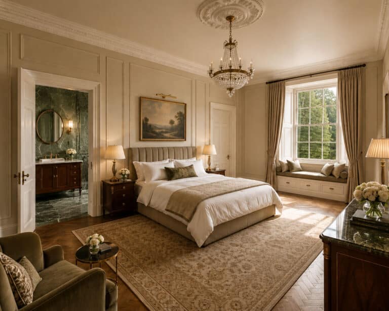 Luxury hotel guest room with king size bed, window seat overlooking woodland, and green marble en suite bathroom