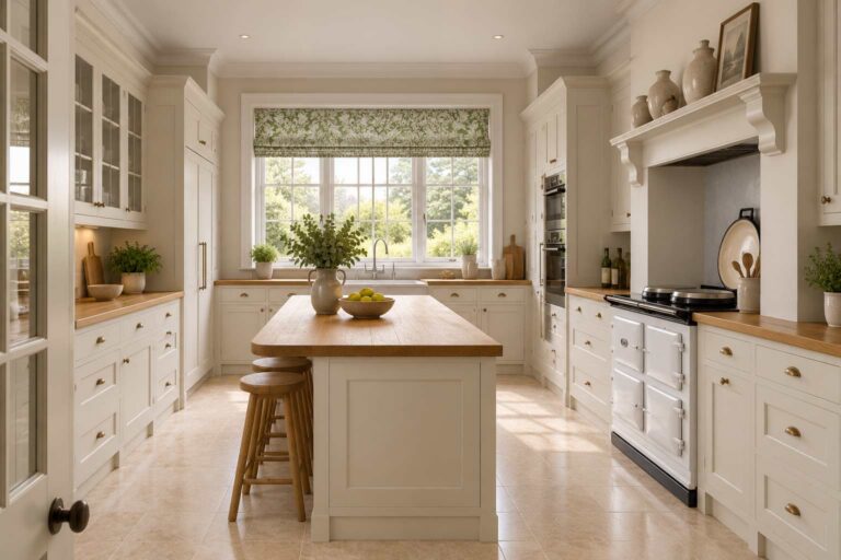 Kitchen and scullery interior design overlooking walled garden Georgian townhouse Totnes