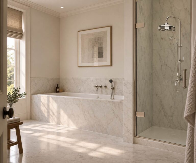 Open, spacious bathroom design, Grade II listed Georgian house, Devon